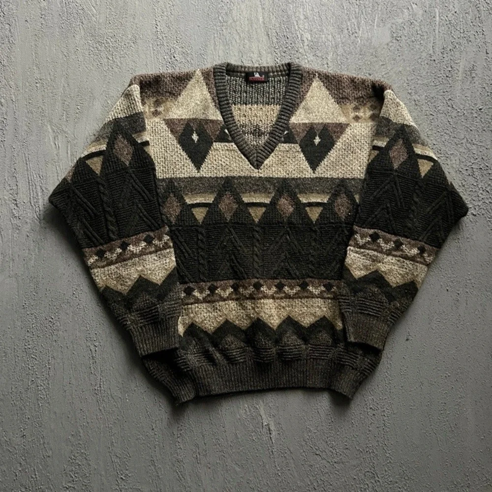 Vintage Mayser Sweater XL Brown 1990s Geometric V-Neck Knit Pullover - Picture 1 of 7